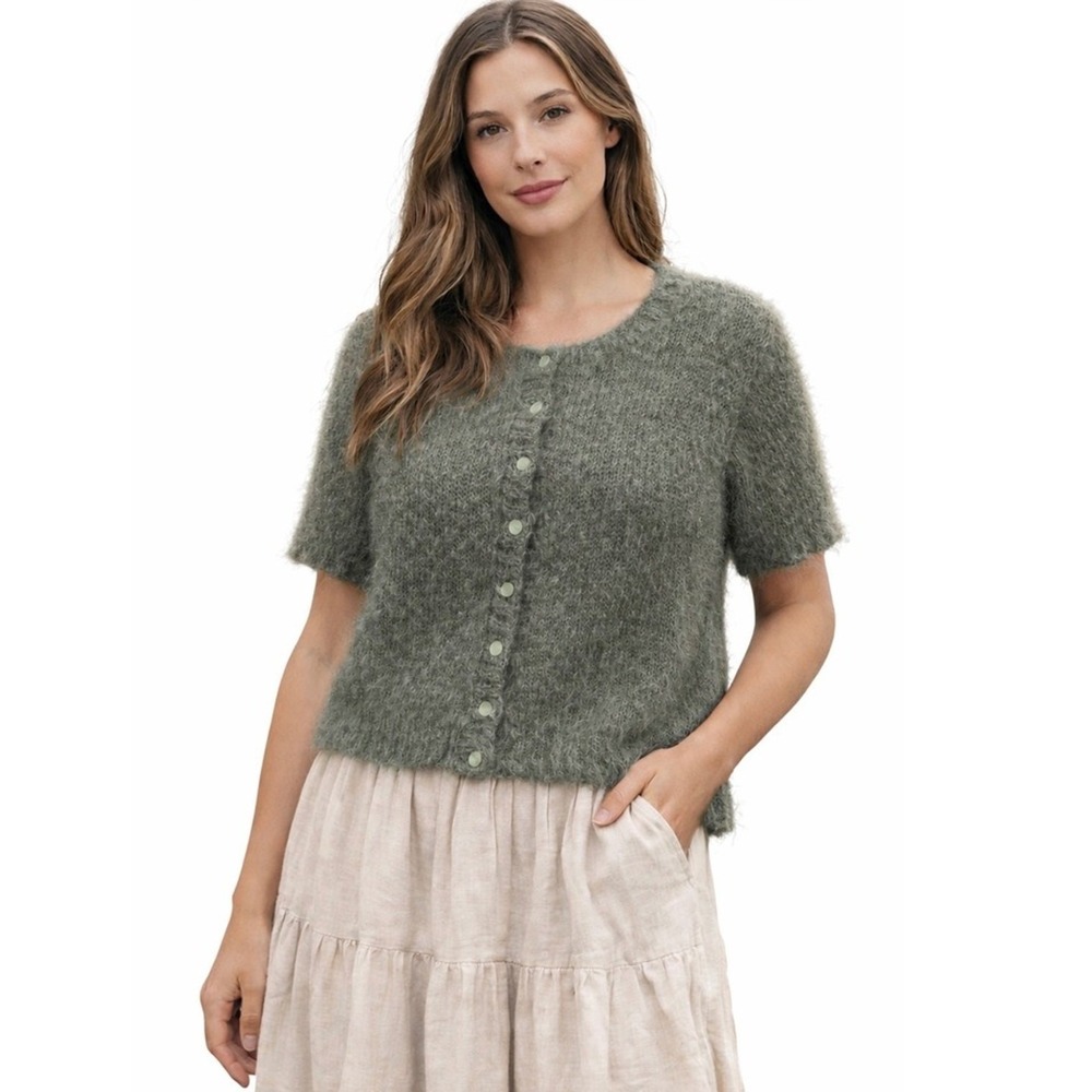 Cardigan Woman's Mohair Wool Green Large Button Up Short Sleeve Boho Indie‎ Soft